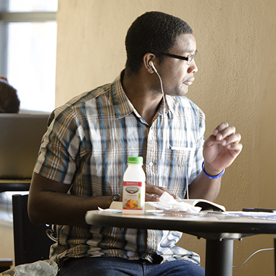 A Washburn student relaxes in the Memorial Union between classes.