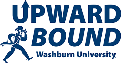 Blue graphic on white background with text where an illustration of Ichabod (Washburn's mascot - a person wearing a tophat holding a book while in mid stride) is pointing up to the word "upward" while the word "bound" is to right of Ichabod in italics to create a sense of moving forward