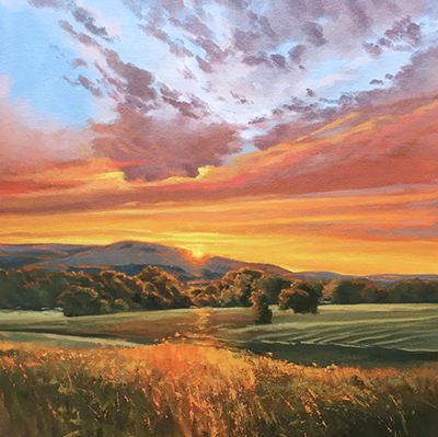 field of sunset with trees painting