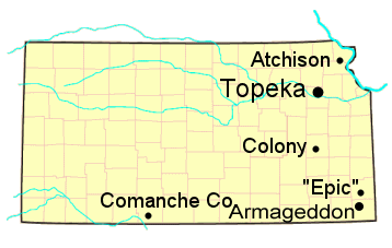 Kansas locations associated with Yoho include Atchison, Topeka, Colony, Comanche County, and ficticious Epic in Southeast Kansas